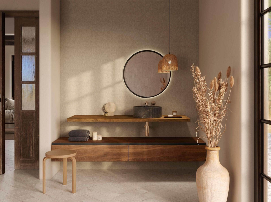 Porcelanosa Parma Limestone 14.2x44x0.85 14.2x44cm shown in a styled room setting