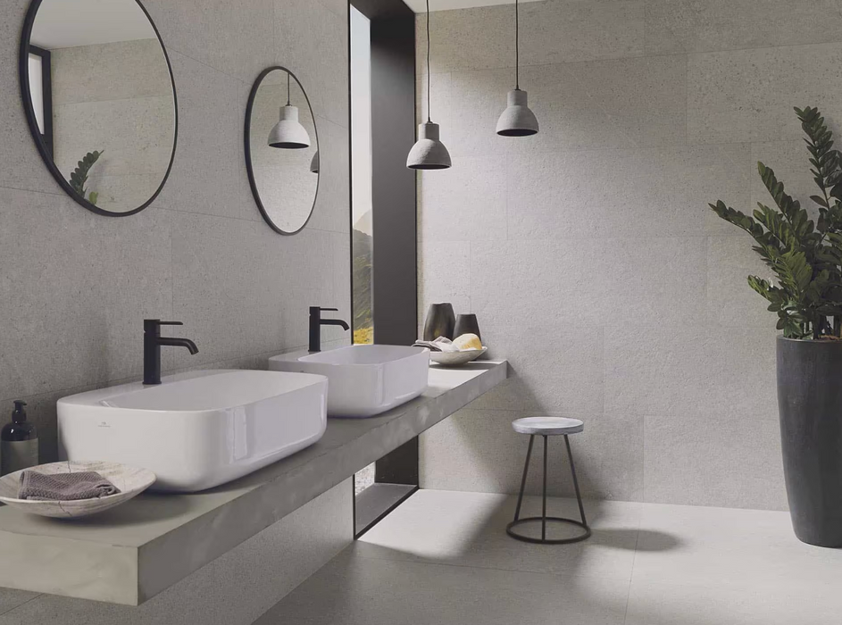 Porcelanosa Prada Acero 45x120cm shown in a styled room setting