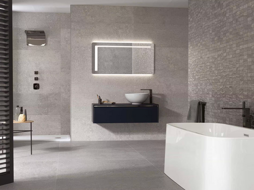 Porcelanosa Prada Acero 45x120cm shown in a styled room setting