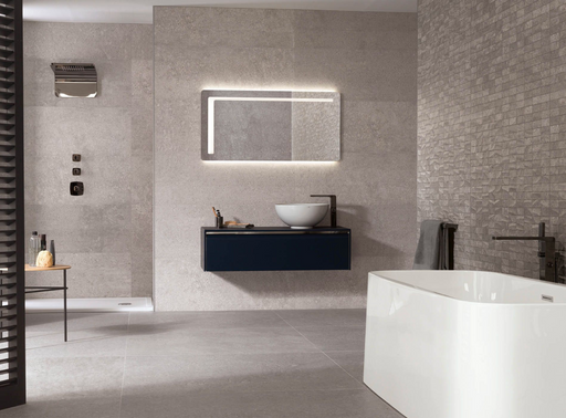 Porcelanosa Prada Acero L 120x120cm shown in a styled room setting