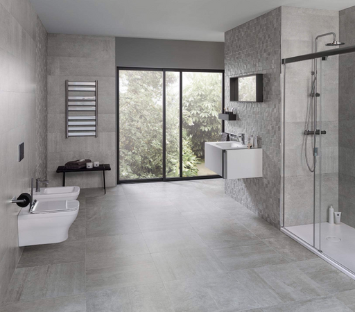 Porcelanosa Rodano Acero 33.299999999999997x100cm shown in a styled room setting
