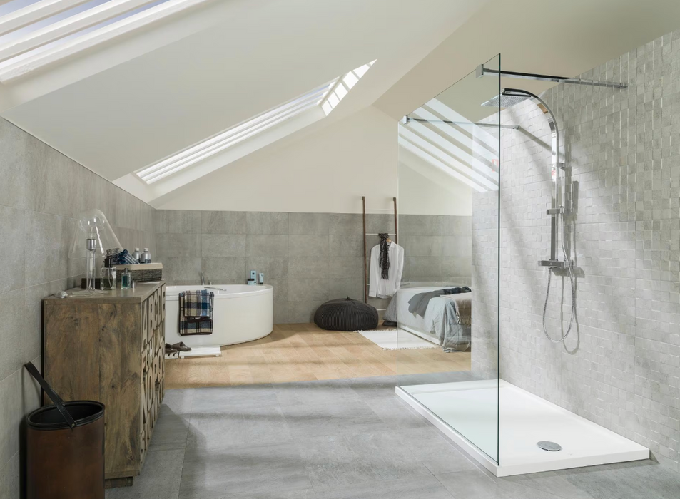 Porcelanosa Rodano Acero L 120x120cm shown in a styled room setting