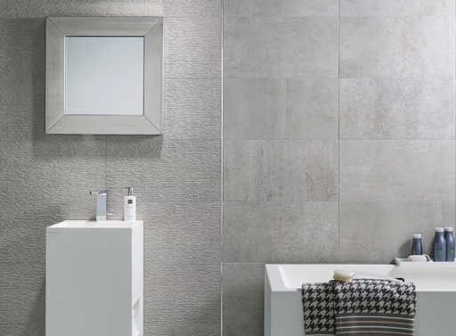 Porcelanosa Rodano Acero L 120x120cm shown in a styled room setting