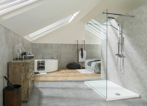 Porcelanosa Rodano Acero L 33.299999999999997x59.2cm shown in a styled room setting
