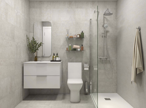 Porcelanosa Rodano Acero L 44.3x44.3cm shown in a styled room setting