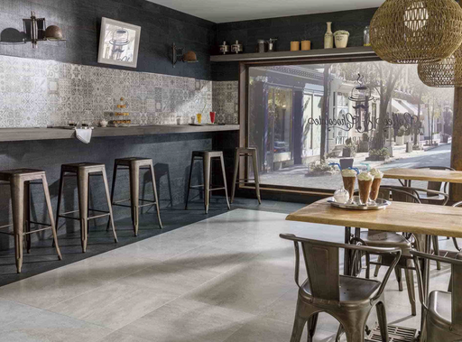 Porcelanosa Rodano Acero L 59.6x59.6cm shown in a styled room setting