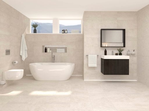 Porcelanosa Rodano Caliza L 44.3x44.3cm shown in a styled room setting