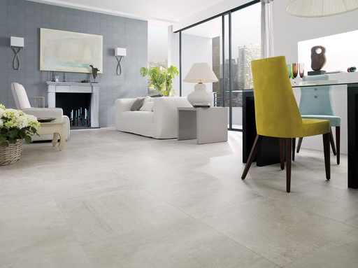 Porcelanosa Rodano Caliza L 59.6x59.6cm shown in a styled room setting