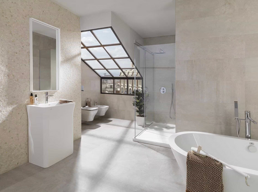 Porcelanosa Rodano Caliza L 59.6x59.6cm shown in a styled room setting