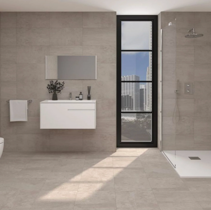 Porcelanosa Rodano Taupe L 44.3x44.3cm shown in a styled room setting