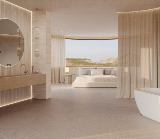 Porcelanosa Roma Marfil 45x120cm shown in a styled room setting