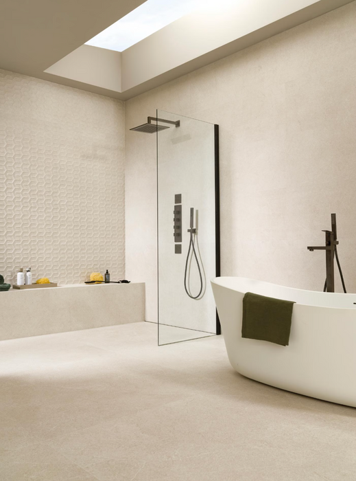 Porcelanosa Saddle Caliza 45x120cm shown in a styled room setting