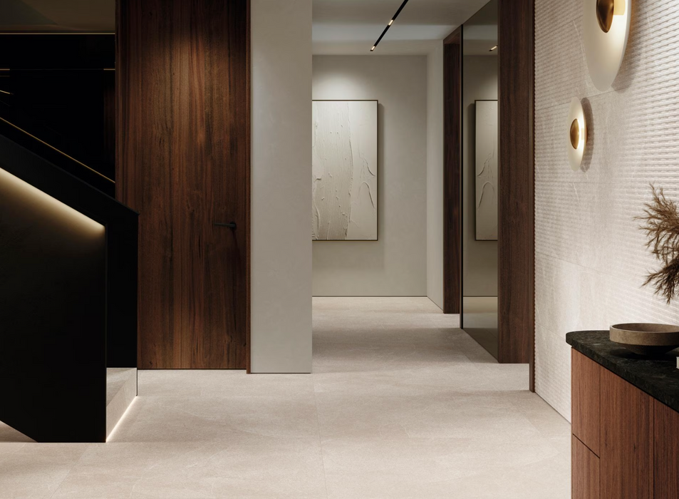 Porcelanosa Saddle Caliza 45x120cm shown in a styled room setting