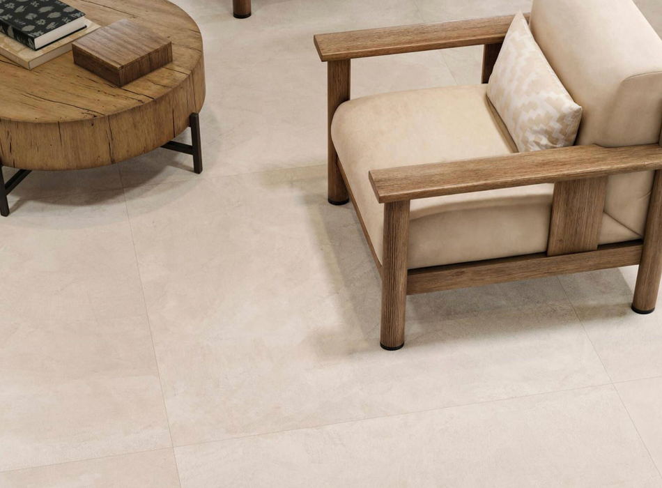 Porcelanosa Santorini Bone L 120x120cm shown in a styled room setting