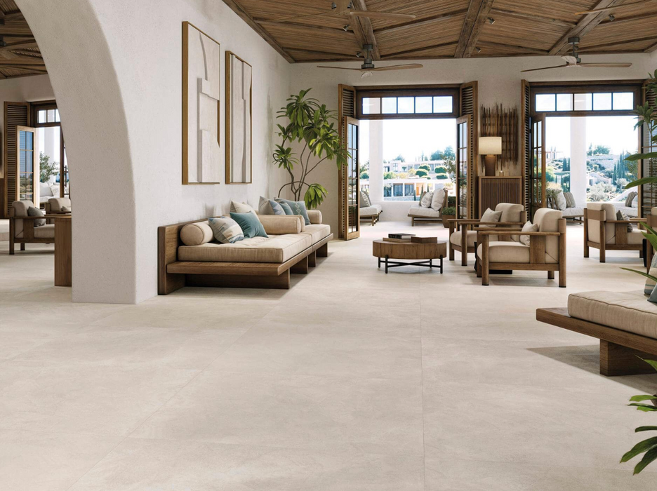 Porcelanosa Santorini Bone L 120x120cm shown in a styled room setting