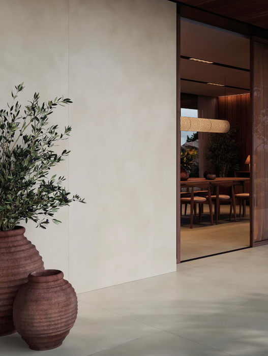 Porcelanosa Santorini Grey L 120x120cm shown in a styled room setting