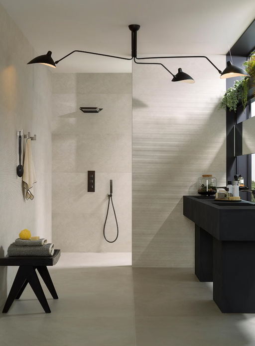 Porcelanosa Santorini Grey L 120x120cm shown in a styled room setting