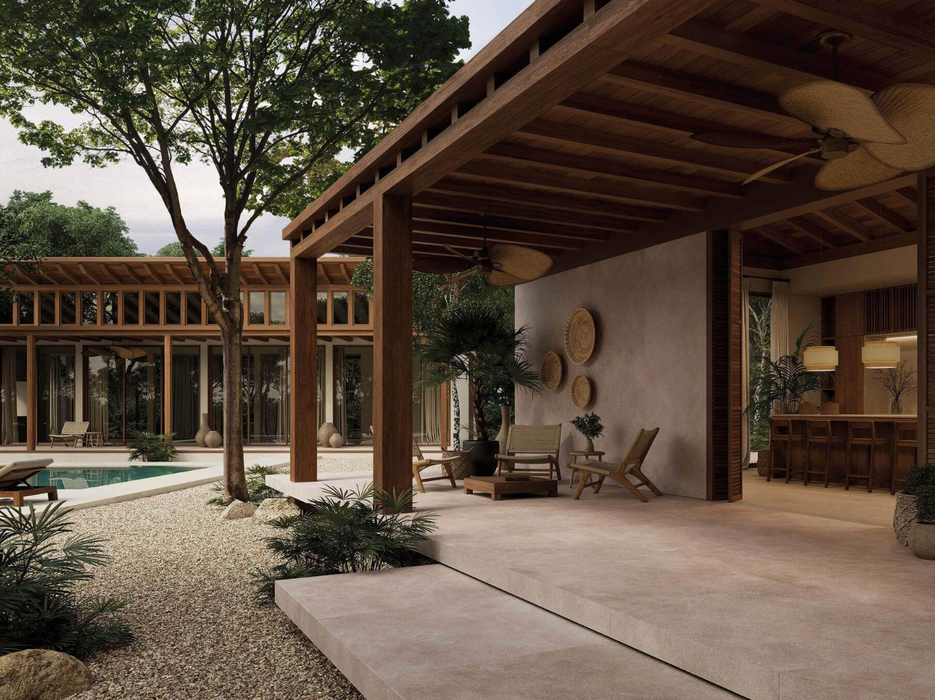 Porcelanosa Savannah Topo L 120x120cm shown in a styled room setting