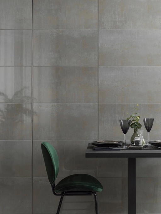 Porcelanosa Shine Aluminio L 33.299999999999997x59.2cm shown in a styled room setting