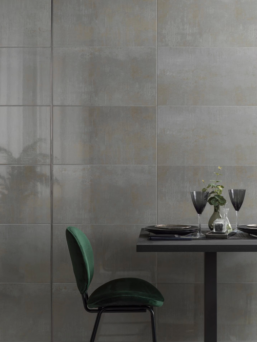 Porcelanosa Shine Aluminio L 33.299999999999997x59.2cm shown in a styled room setting