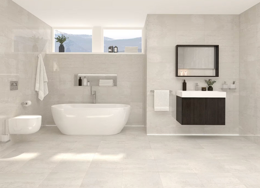 Porcelanosa Shine Niquel L 33.299999999999997x59.2cm shown in a styled room setting