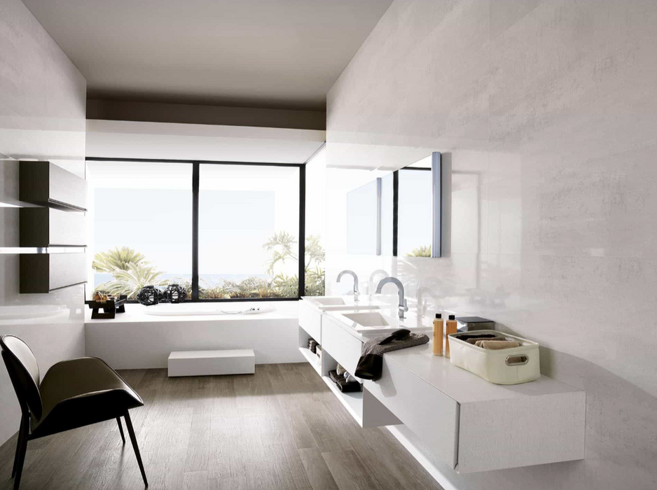 Porcelanosa Shine Platino L 33.299999999999997x59.2cm shown in a styled room setting