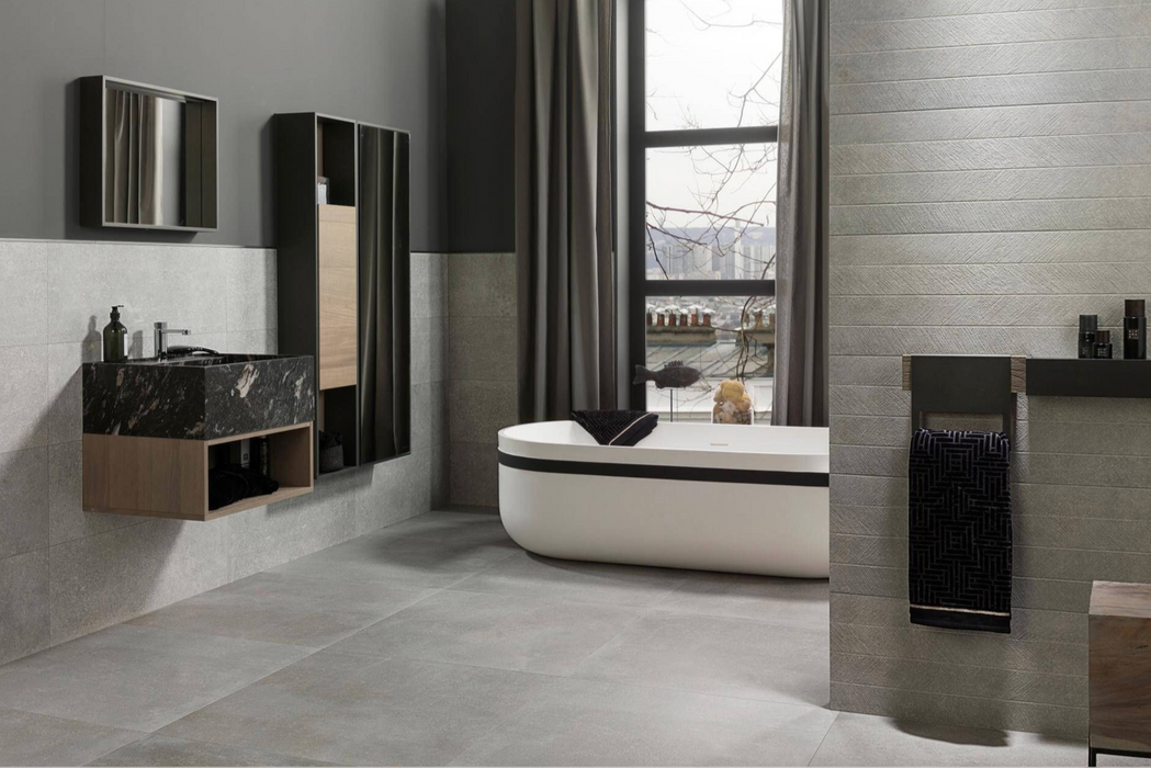 Porcelanosa Spiga Bottega Acero 45x120cm shown in a styled room setting