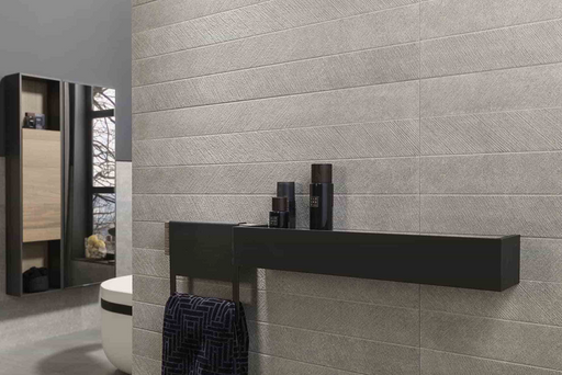 Porcelanosa Spiga Bottega Acero 45x120cm shown in a styled room setting