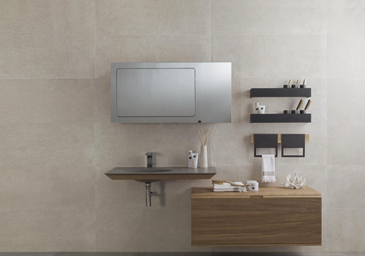 Porcelanosa Spiga Bottega Caliza 45x120cm shown in a styled room setting