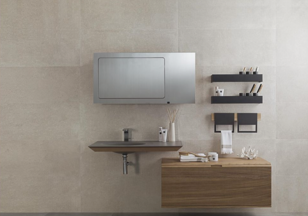 Porcelanosa Spiga Bottega Caliza 45x120cm shown in a styled room setting