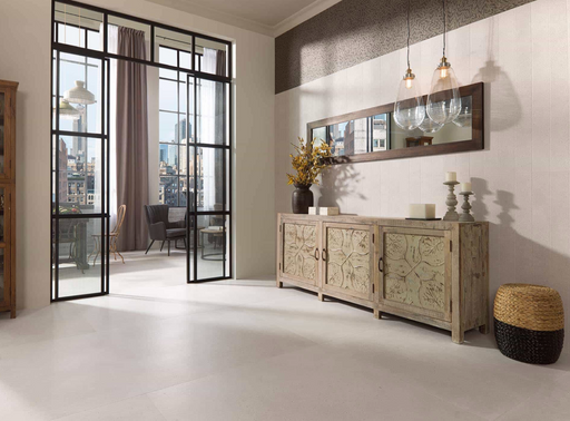 Porcelanosa Spiga Bottega White 45x120cm shown in a styled room setting