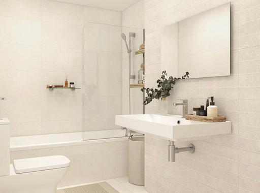 Porcelanosa Spiga Bottega White L 33.299999999999997x59.2cm shown in a styled room setting