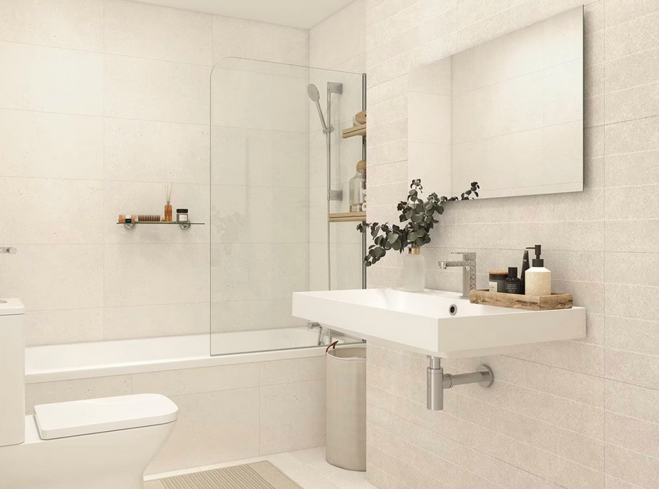 Porcelanosa Spiga Bottega White L 33.299999999999997x59.2cm shown in a styled room setting