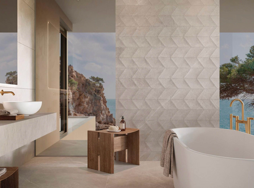 Porcelanosa Spiga Mystic Beige 59.6x150cm shown in a styled room setting