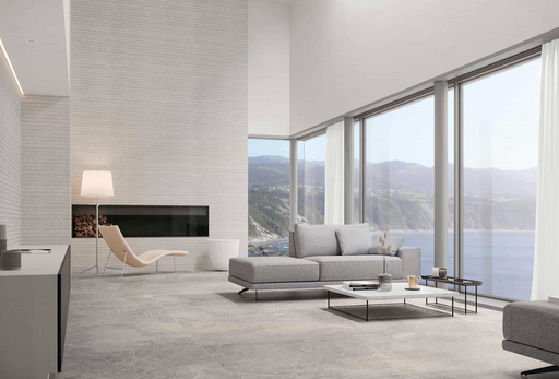 Porcelanosa Spiga Noir Caliza 45x120cm shown in a styled room setting