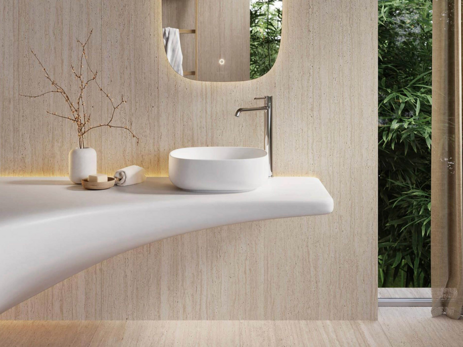 Porcelanosa Taranto Bone 59.6x150cm shown in a styled room setting