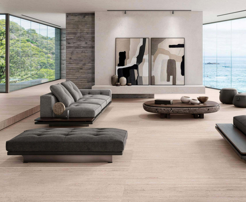 Porcelanosa Taranto Bone 59.6x150cm shown in a styled room setting