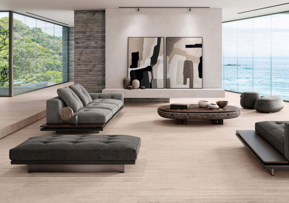 Porcelanosa Taranto Bone L 59.6x120cm shown in a styled room setting