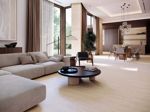 Porcelanosa Taranto Marfil 59.6x150cm shown in a styled room setting