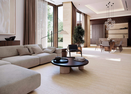 Porcelanosa Taranto Marfil L 59.6x120cm shown in a styled room setting