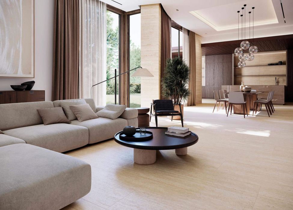 Porcelanosa Taranto Marfil L 59.6x120cm shown in a styled room setting