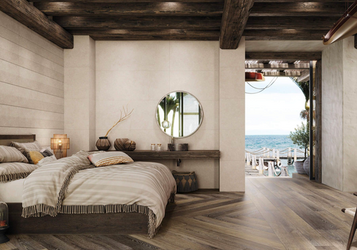 Porcelanosa Terra Bone 59.6x150cm shown in a styled room setting