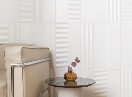 Porcelanosa Trend H Snow 12.35x44.3x0.95 35x44.3cm shown in a styled room setting