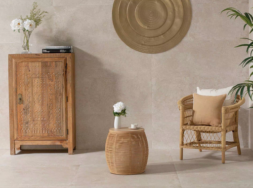 Porcelanosa Verbier Sand L 59.6x59.6cm shown in a styled room setting