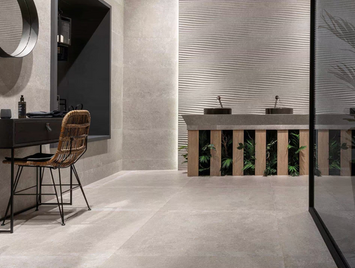 Porcelanosa Verbier Silver 45x120cm shown in a styled room setting