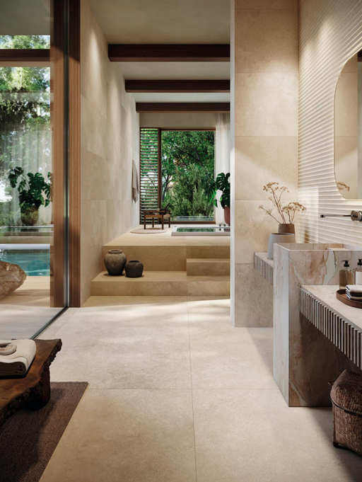 Porcelanosa Verona Bone L 120x120cm shown in a styled room setting