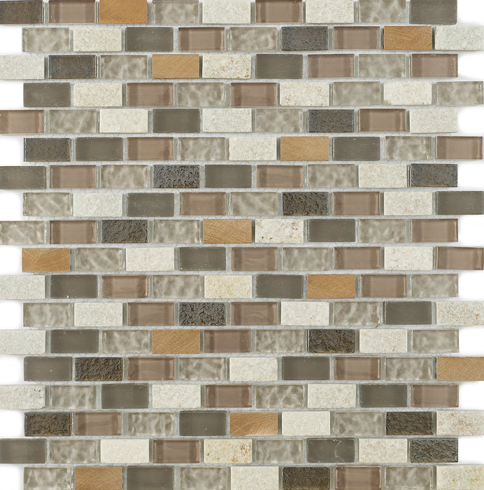 Exmoor York Beige Glass/Stone/ Metal Mix Mini Brick Mosaic – 1.5x3cm