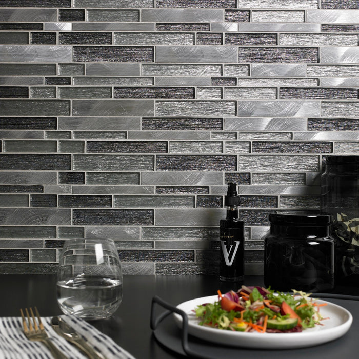 Bramble Grey Glass/Metal Mix Offset Linear Mosaic – 30x30cm - product image 2