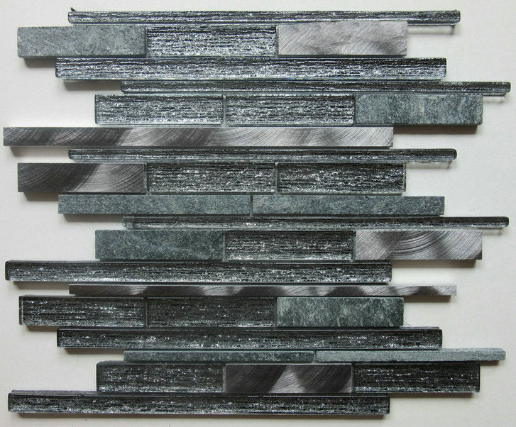Taormina Grey Glass/Stone/Metal Mix Offset Linear Mosaic – 31x30cm
