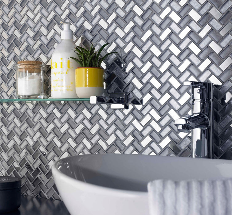 Knightsbridge Grey Herringbone Glass/Mirror Mosaic – 1.5x3cm